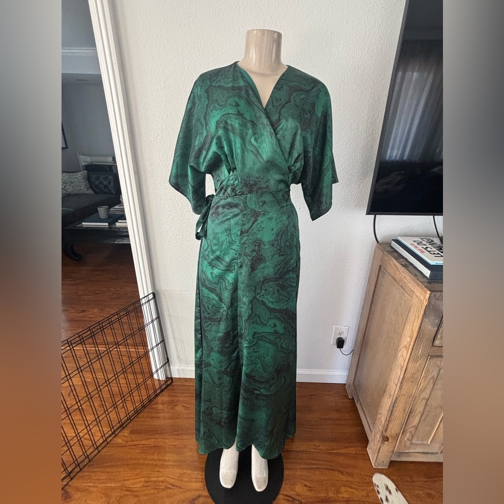 Hutch Emerald Green and Black Satin Wrap Dress